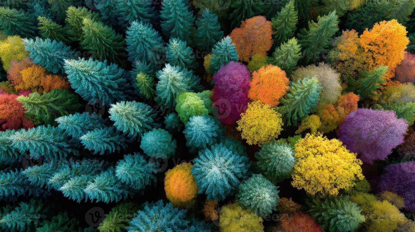 Vibrant autumn forest with an array of colorful trees showcases nature's beauty from above photo