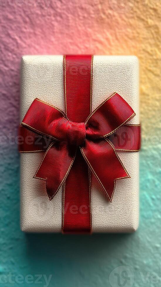Beautifully wrapped gift box with red ribbon on a colorful background, perfect for celebrations and special occasions photo