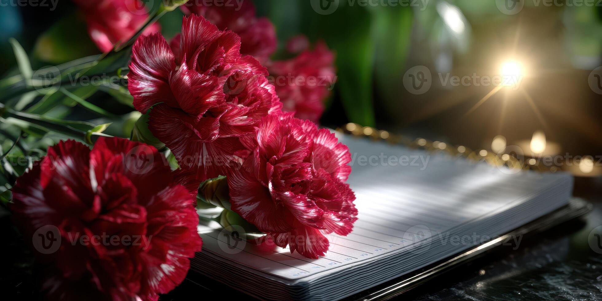 Elegant arrangement of red carnations next to an open notebook with soft lighting in the background photo
