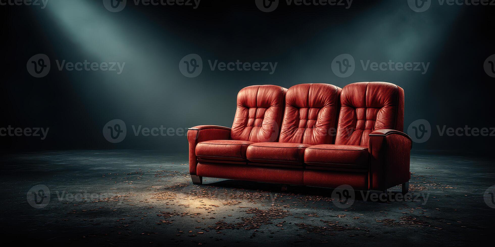 Elegant red leather sofa in a dimly lit room with a mysterious atmosphere and subtle shadows photo