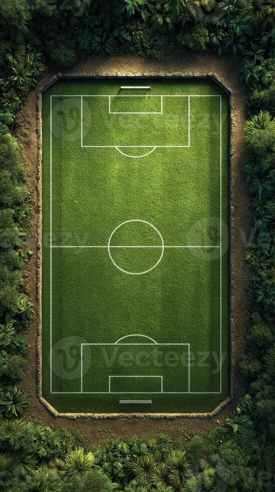 Soccer field surrounded by lush greenery in a tropical forest setting during daytime photo