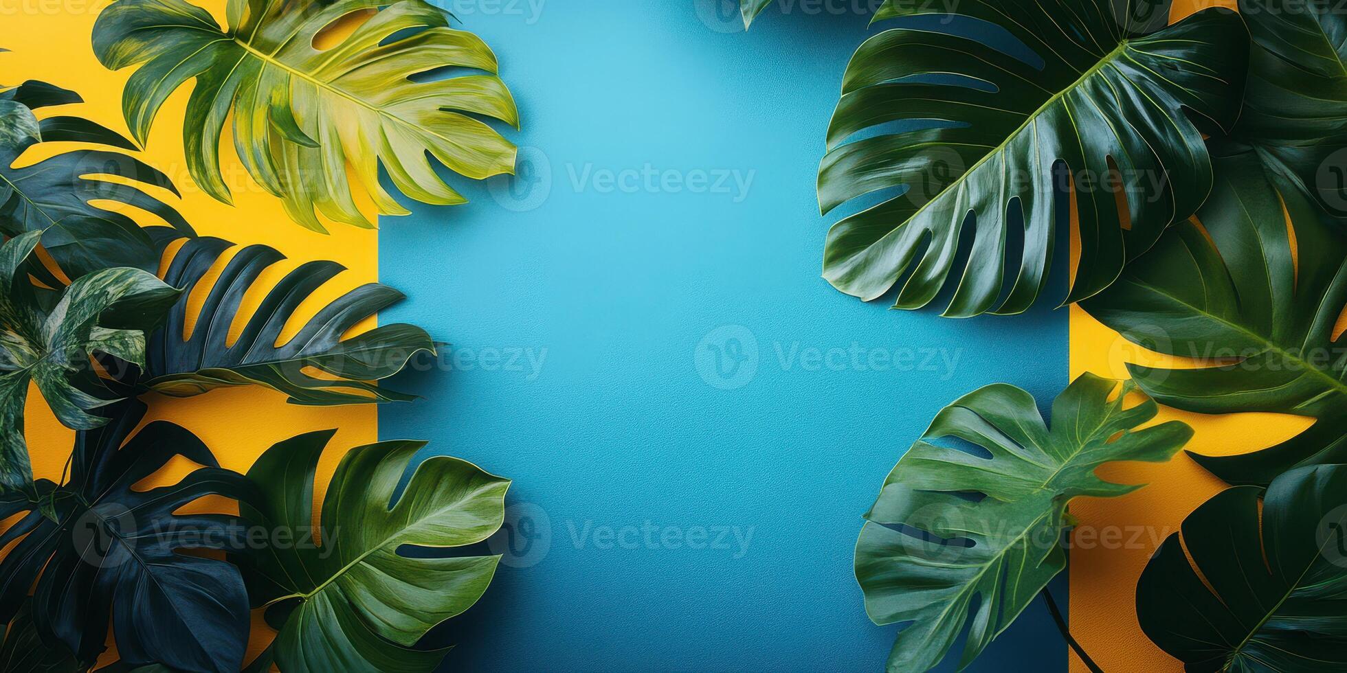 Colorful display of tropical leaves on vibrant background creating a lively atmosphere for creativity and design inspiration photo