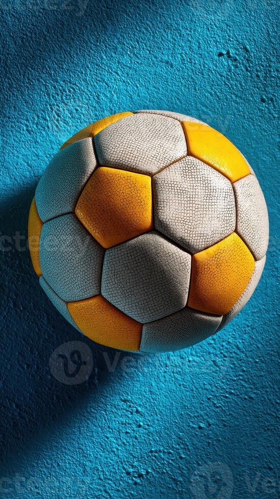 Colorful soccer ball resting on a blue wall in bright light, showcasing details and textures of the ball's surface photo