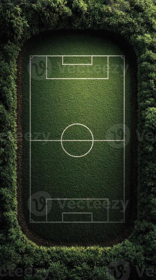 Green soccer field surrounded by lush vegetation in a natural setting photo