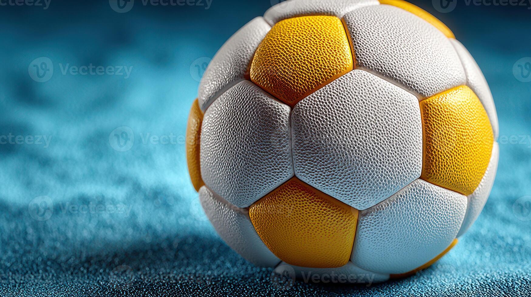 Colorful soccer ball resting on blue textured surface with focus on details and craftsmanship in a vivid setting photo