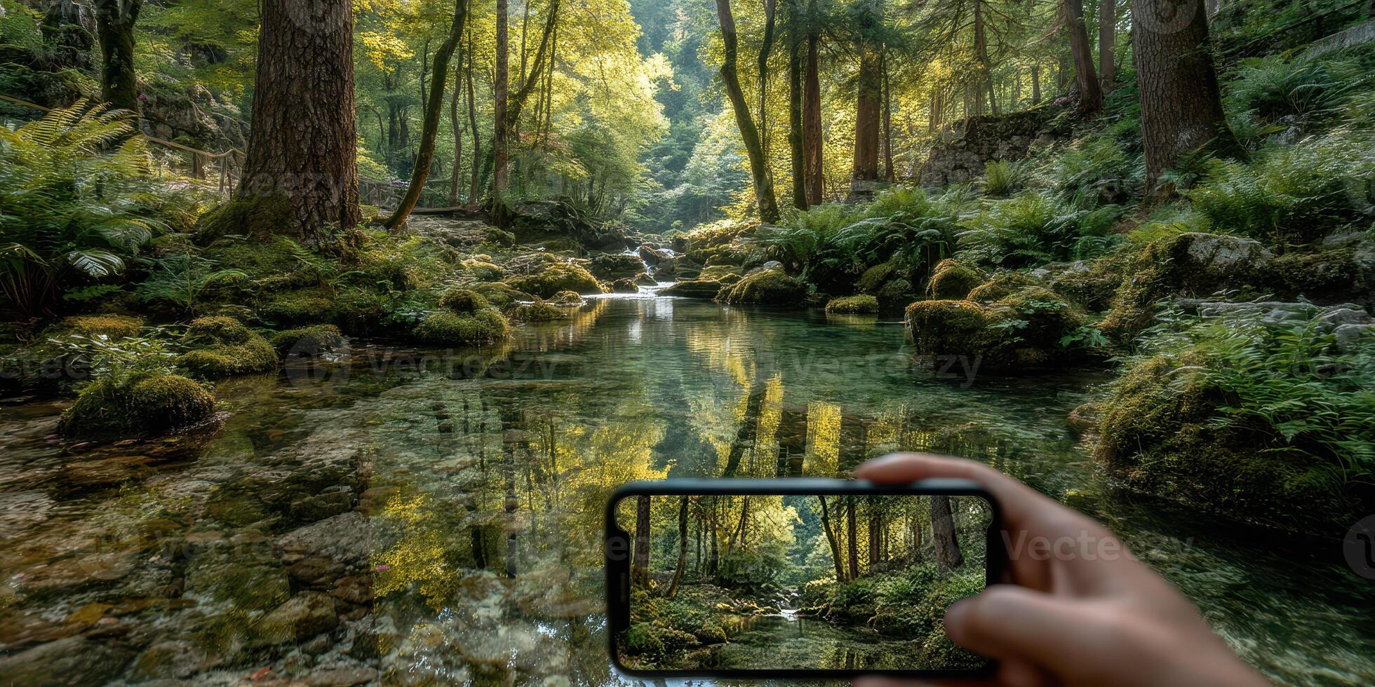 Capturing nature's beauty with a smartphone in a lush forest during daylight photo