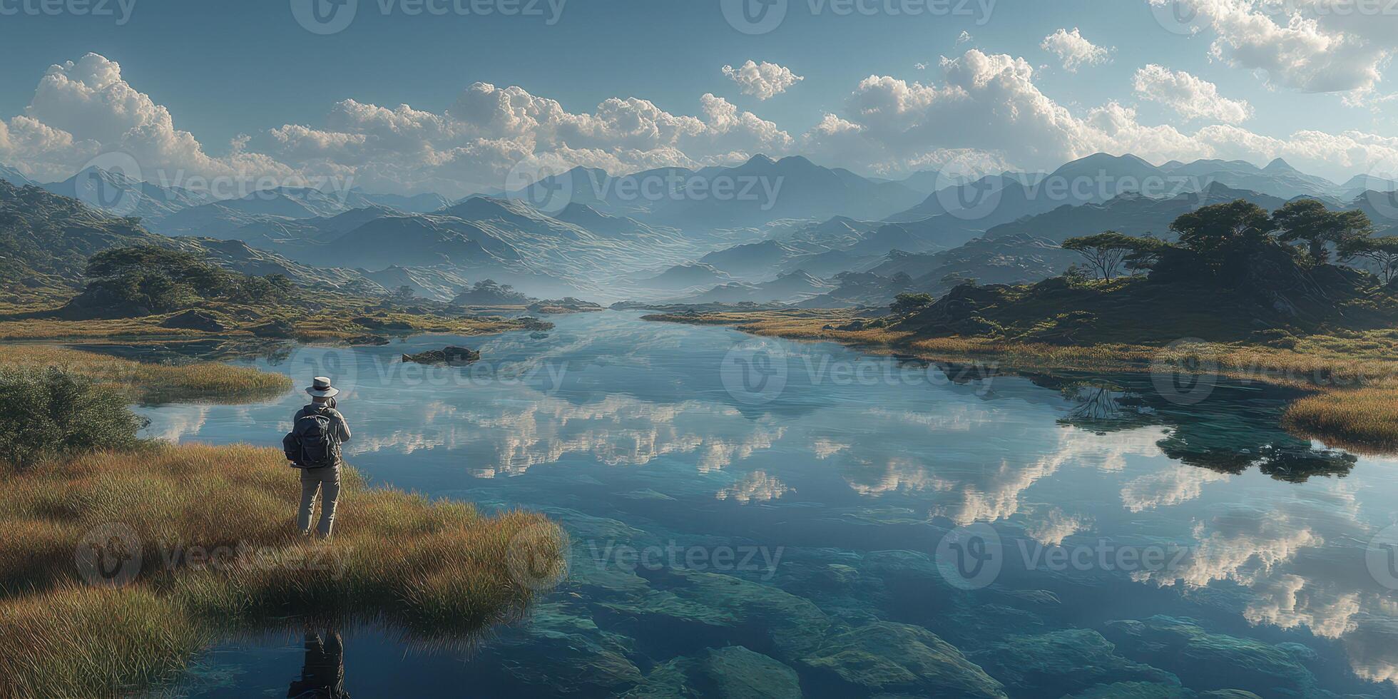 Tranquil landscape with hiker reflecting by serene lake in mountain valley during daytime photo