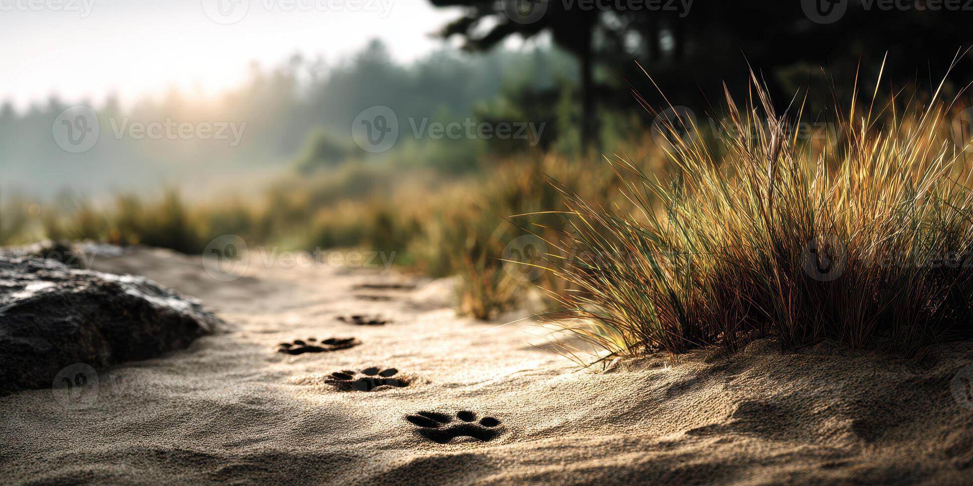Footprints on a sandy trail through tall grass in a tranquil forest at sunrise photo