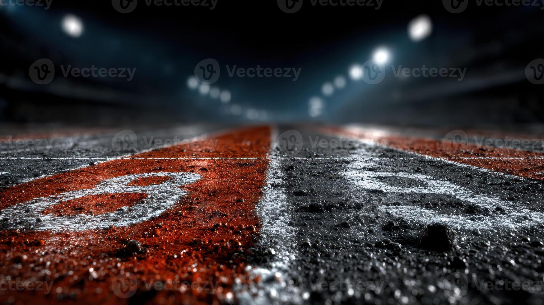 Track surface illuminated by stadium lights displaying start line for a race at night in a competitive sports setting photo