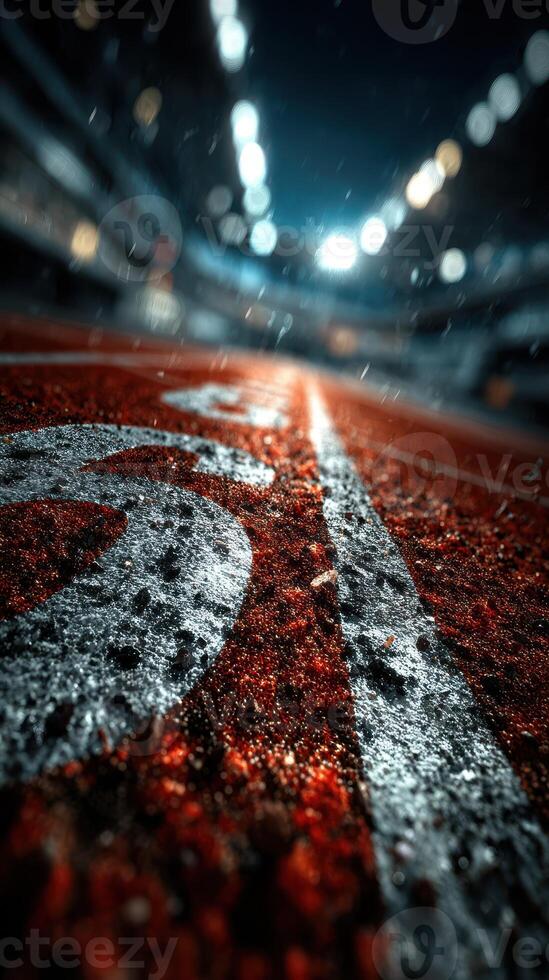 Rain-soaked running track captured in low light with blurry lights in the background during an evening athletic event photo