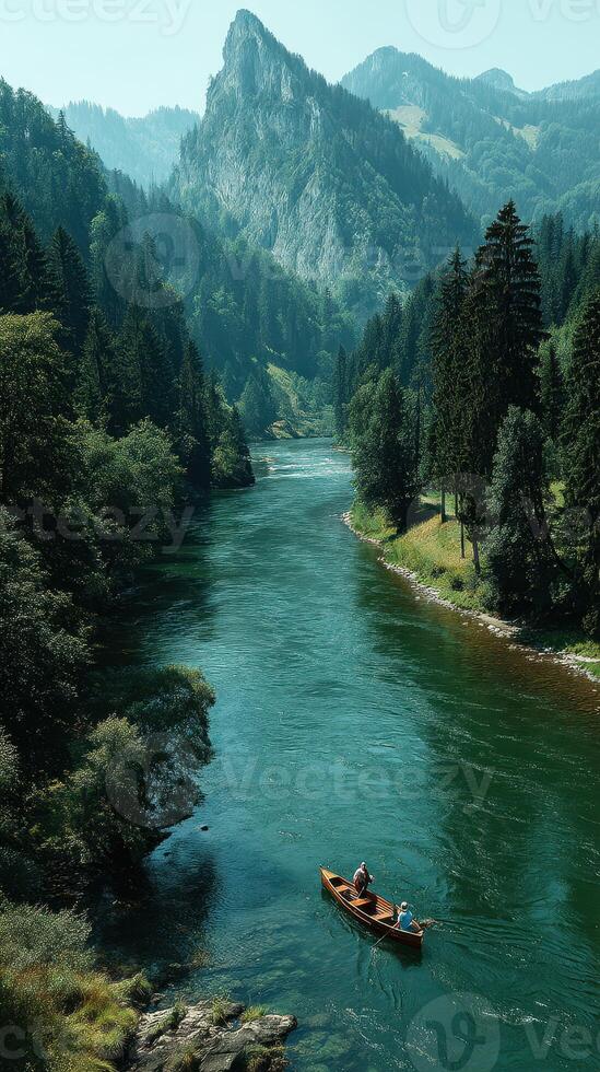 Mountain river adventure with canoeing amidst stunning natural scenery and lush greenery during daytime photo