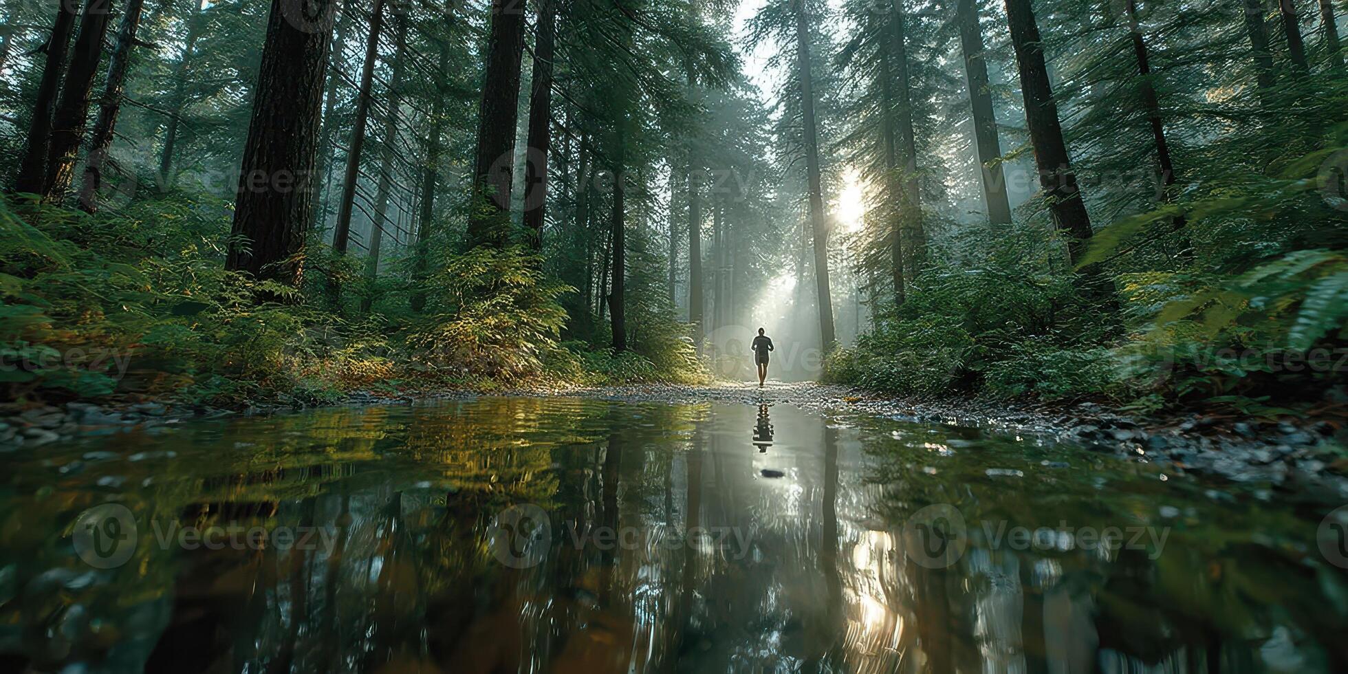 Misty forest landscape with a lone figure walking through a tranquil path reflecting serene light and water photo