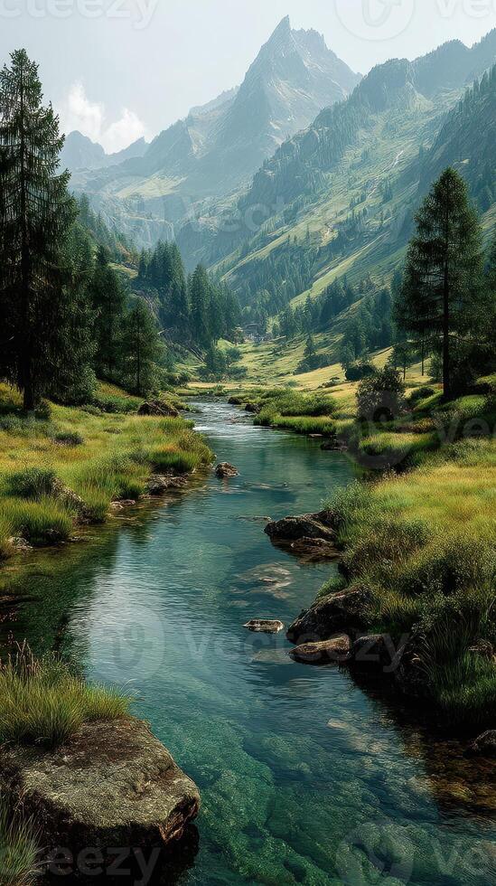 Serene valley with a flowing stream surrounded by majestic mountains and lush greenery during daytime hours photo