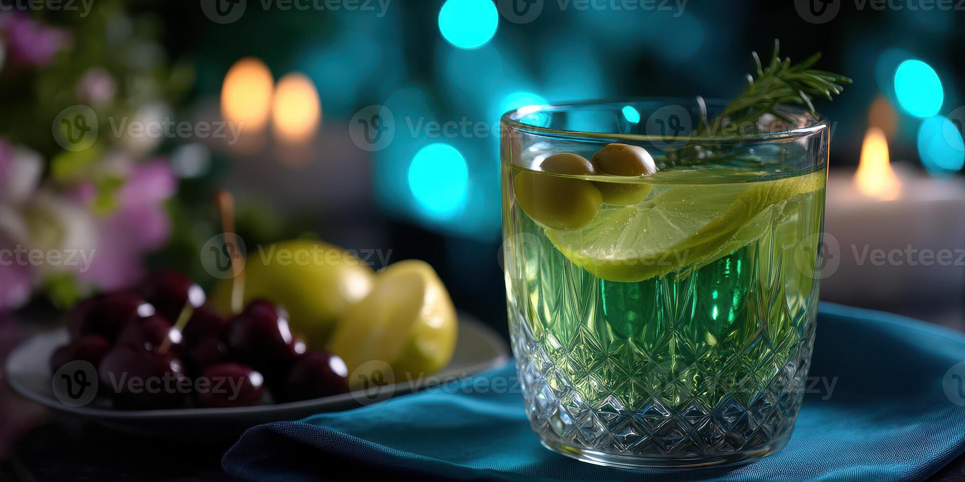Refreshing cocktail with citrus and herbs served on a table with decorative background lights at a cozy evening gathering photo