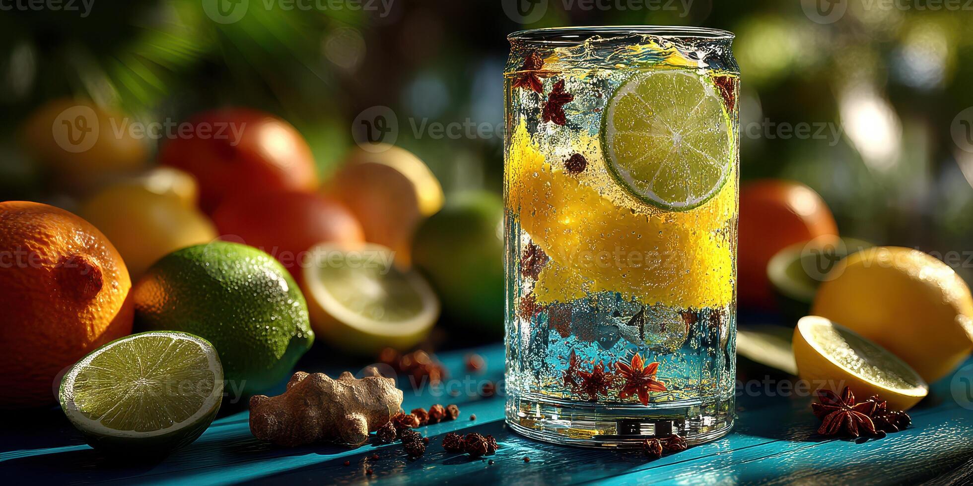Refreshing citrus drink garnished with lemon, lime, and spices on a vibrant blue table surrounded by assorted fruits photo