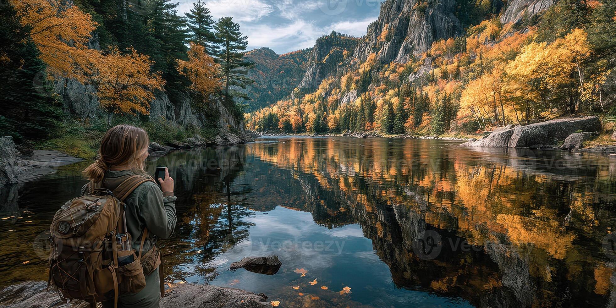 Person enjoys nature's tranquility by the river during autumn in a mountainous area with vibrant fall foliage photo