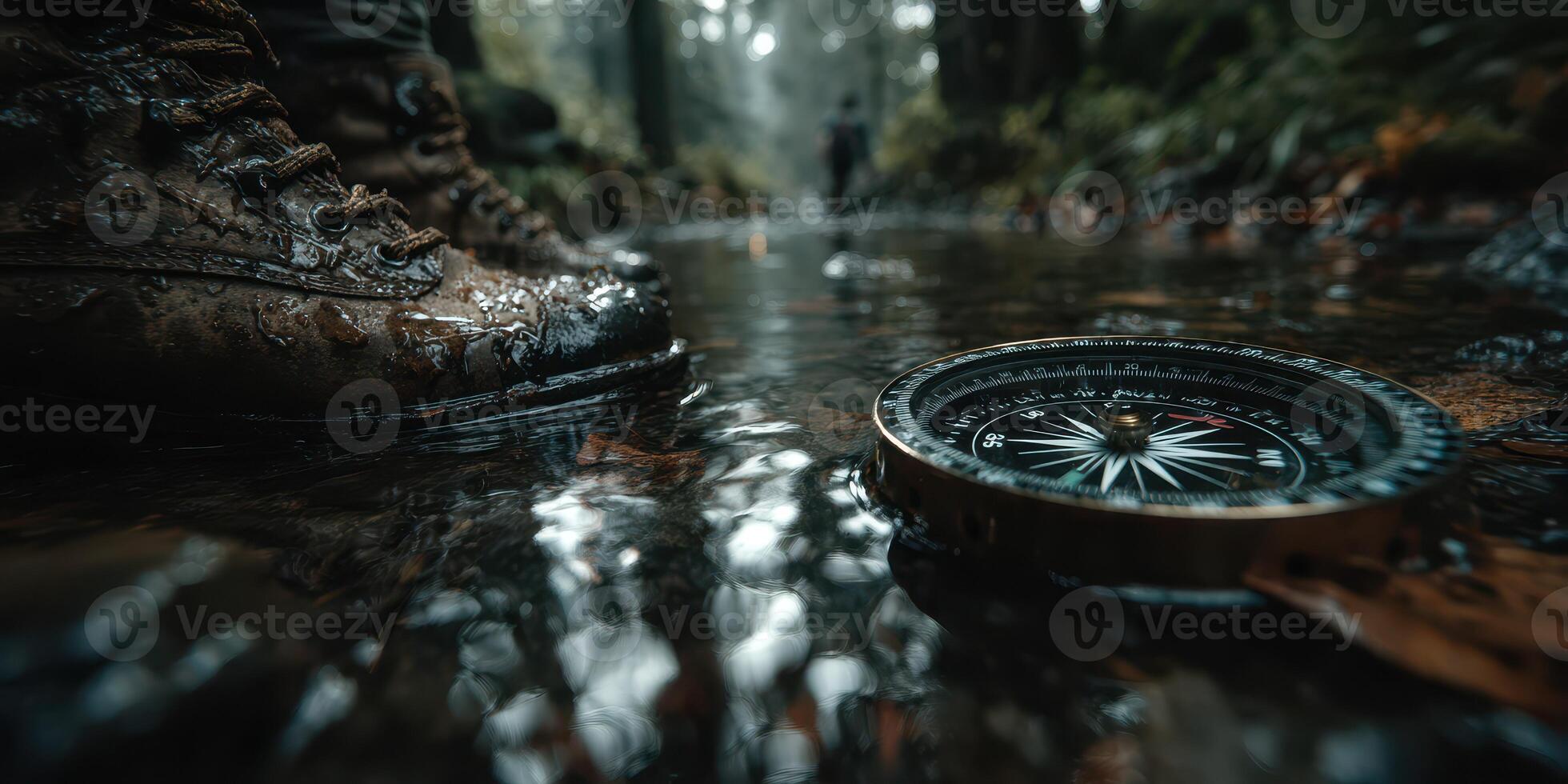 Exploring a misty forest stream with hiking boots and compass in autumn photo