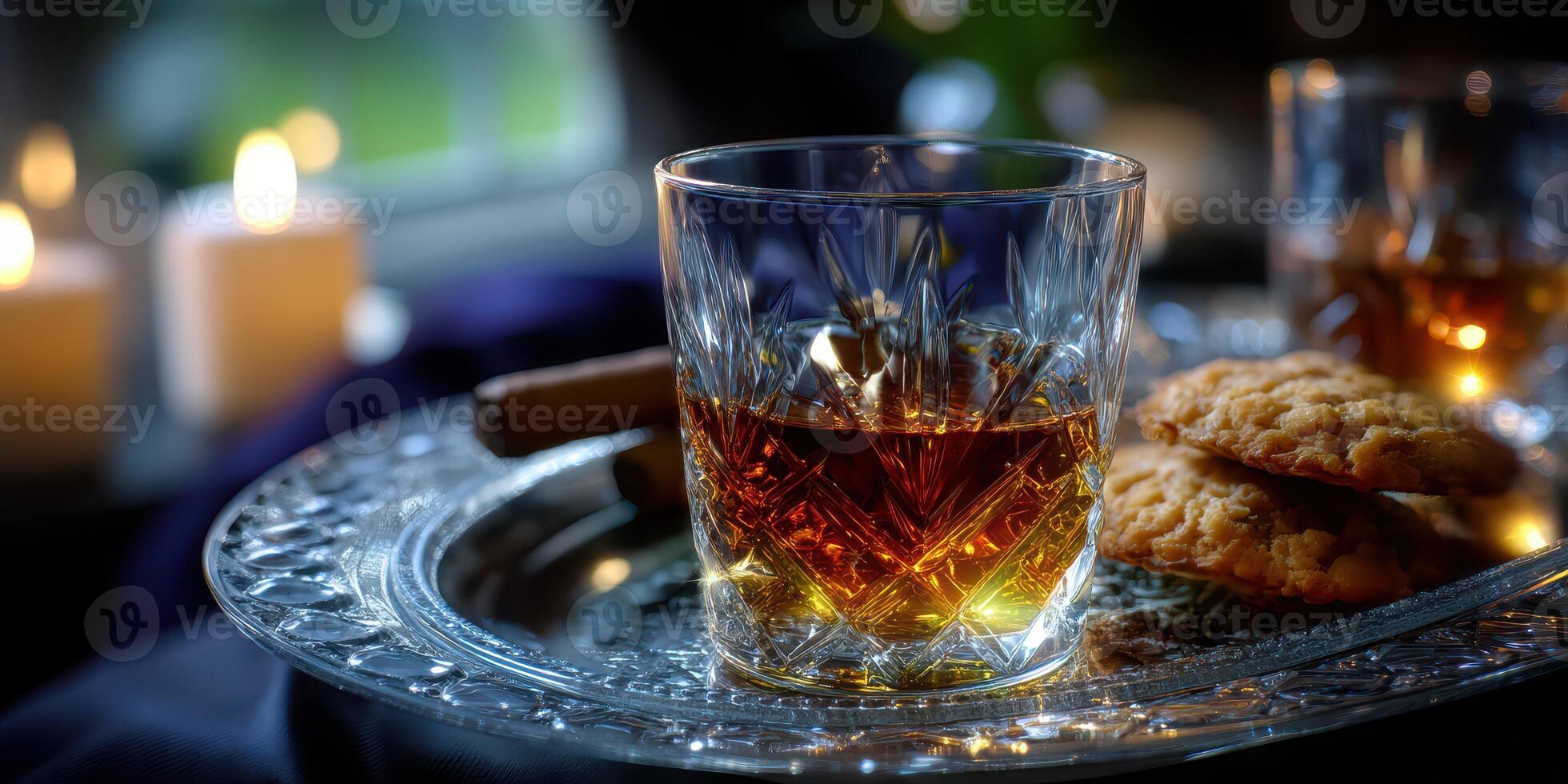 Enjoying whiskey and cookies on a cozy evening with soft candlelight ambiance photo
