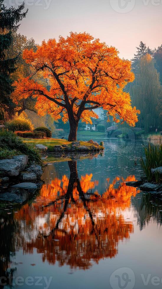 Vibrant autumn tree reflects on still lake in morning light, surrounded by serene nature photo
