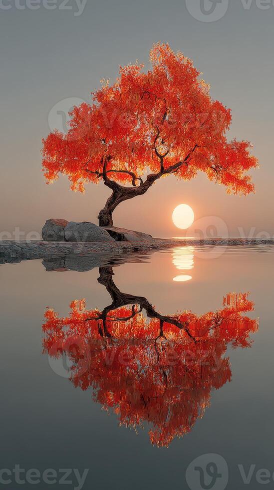Vibrant autumn tree reflected in calm waters at sunset creating a serene landscape in nature photo