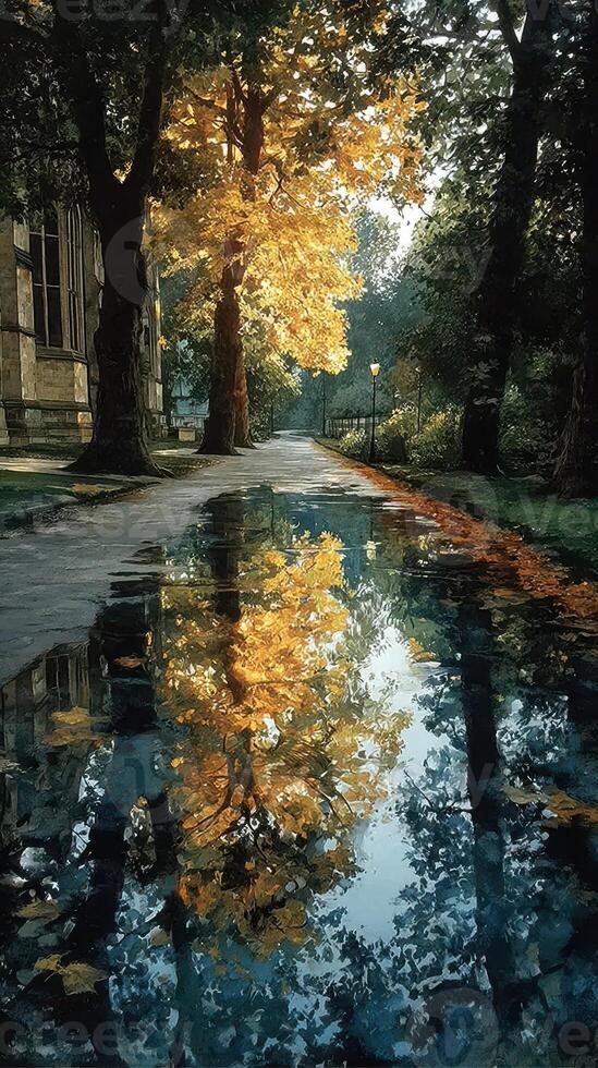 Reflective autumn landscape with golden leaves and tranquil waters in a serene park setting photo