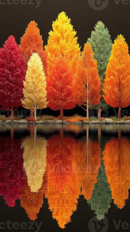 Vibrant autumn trees reflecting in still water at sunset near a serene lake photo