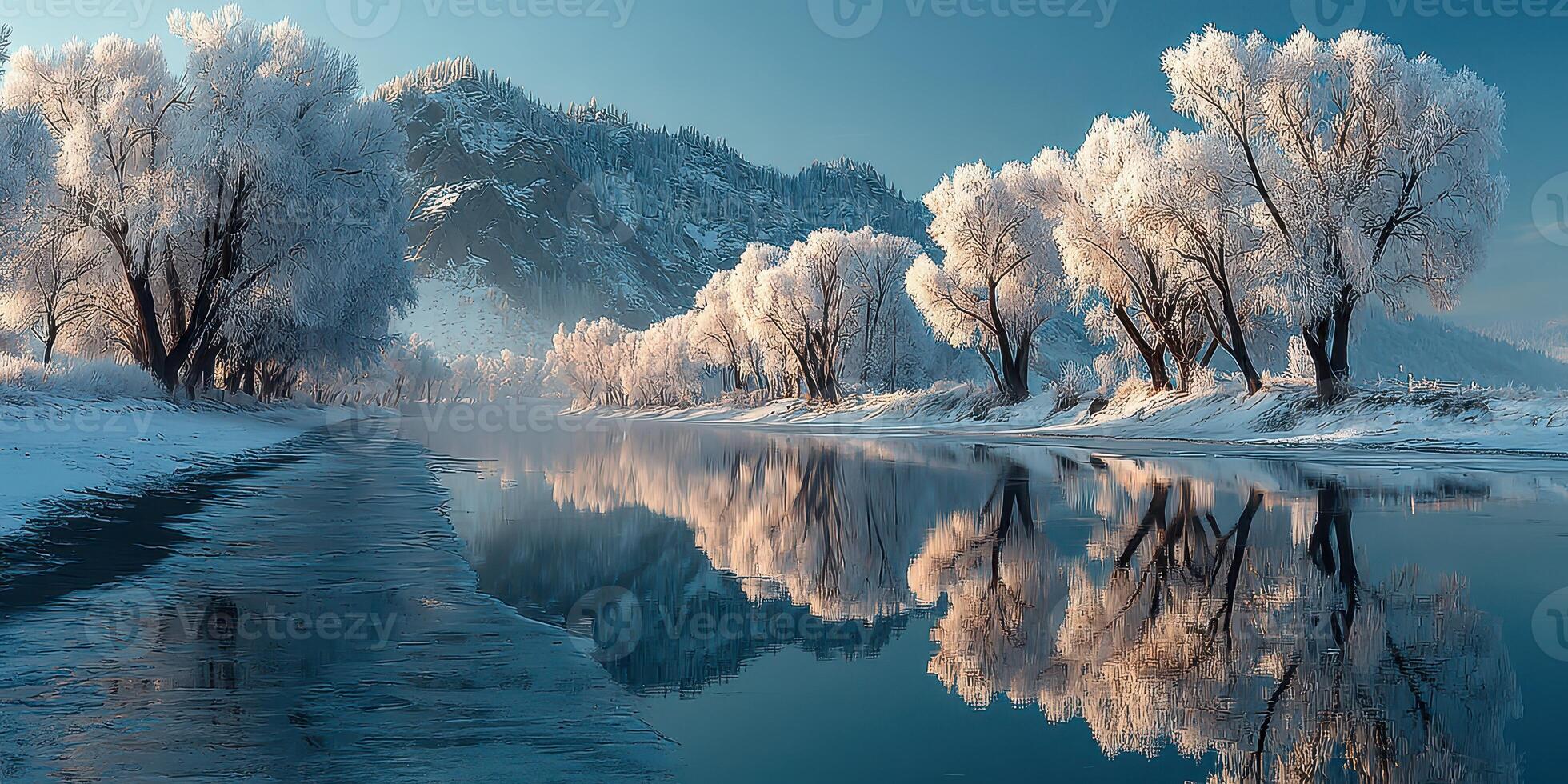 Frozen winter landscape featuring snow-covered trees by a calm river at dawn with blue skies and reflections in the water photo