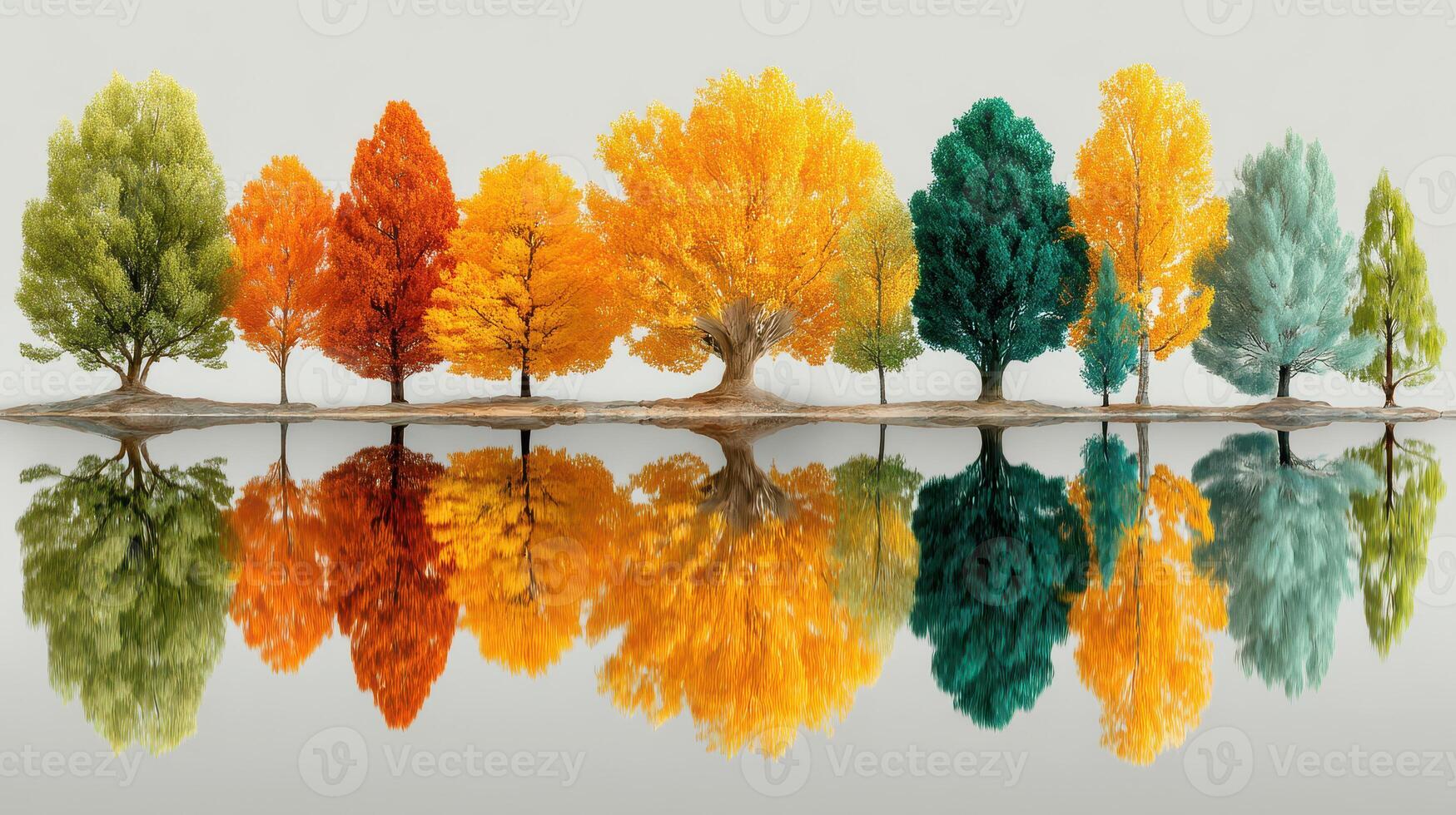 Colorful autumn trees reflecting in calm water create a serene landscape in a tranquil setting photo