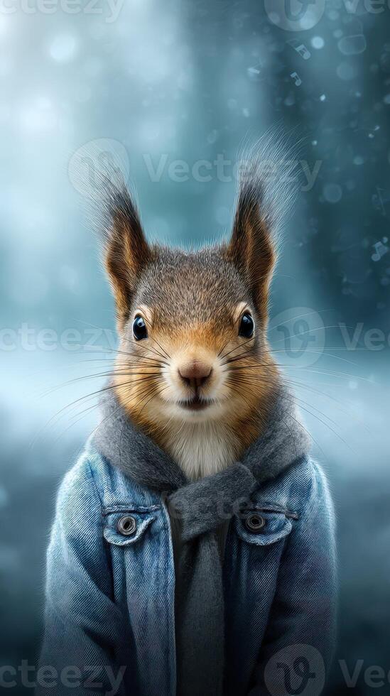 Squirrel dressed in denim jacket and hoodie standing in a winter landscape with a whimsical expression photo