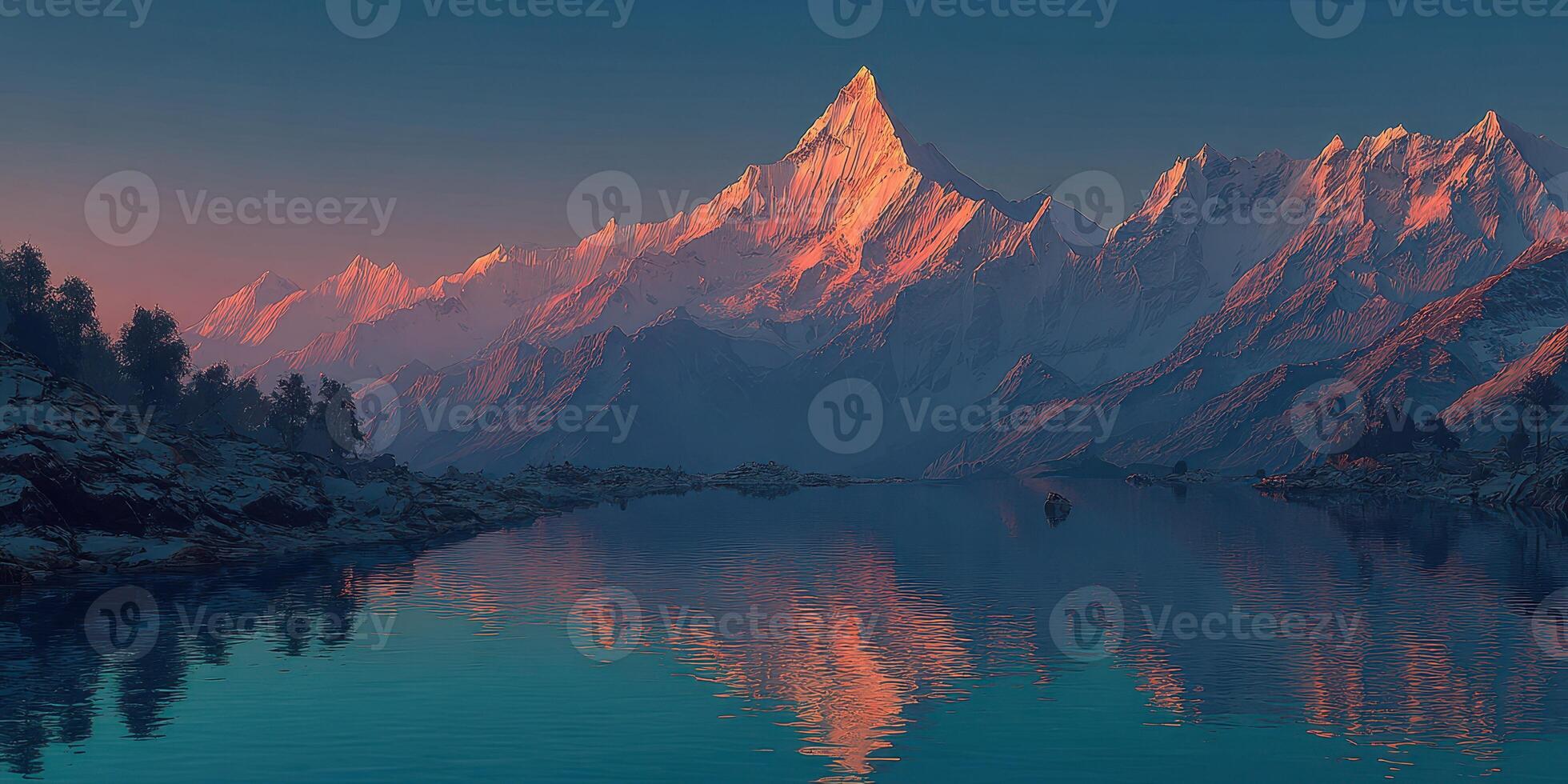 Majestic snow-capped mountains reflected in a serene lake at twilight overlooking a tranquil landscape photo