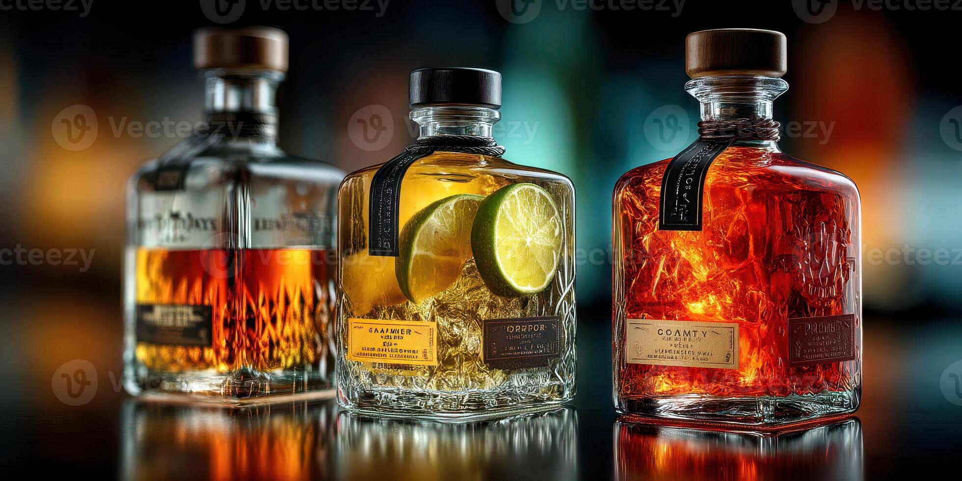 Display of three elegant whiskey bottles showcasing unique blends at a stylish bar during the evening hours photo