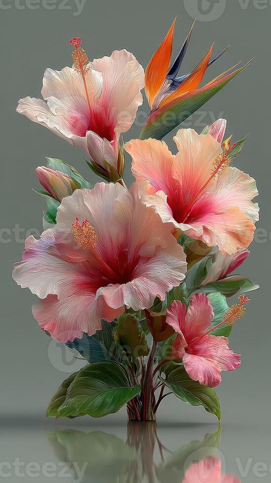 Colorful hibiscus and bird of paradise flowers arranged elegantly on a soft gray background showcasing nature's beauty photo
