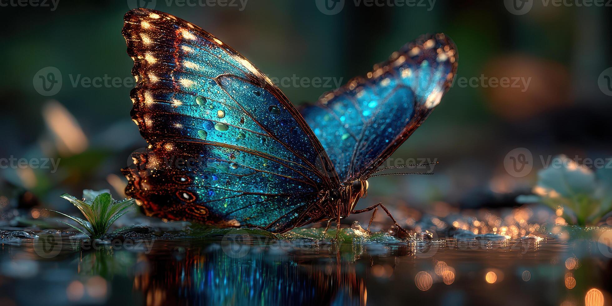 Colorful blue butterfly resting on wet ground under soft light in a serene natural environment photo