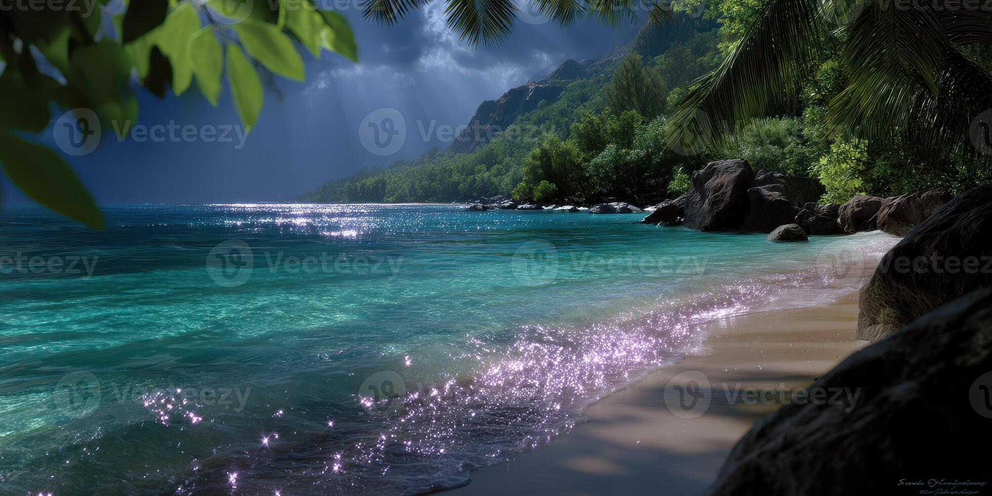 Tranquil beach on a cloudy day with gentle waves and sparkling water under the sun photo