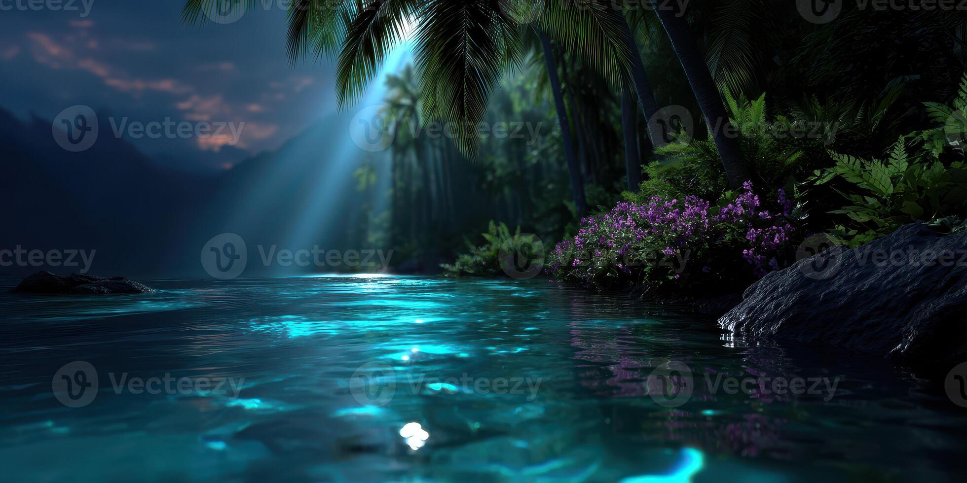 Calm waters reflect moonlight in a serene tropical landscape with vibrant flora photo