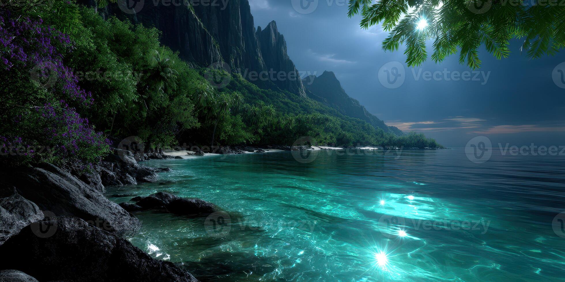 Ocean waves gently lap against rocky shore under moonlight illuminating lush green mountains and serene waters photo