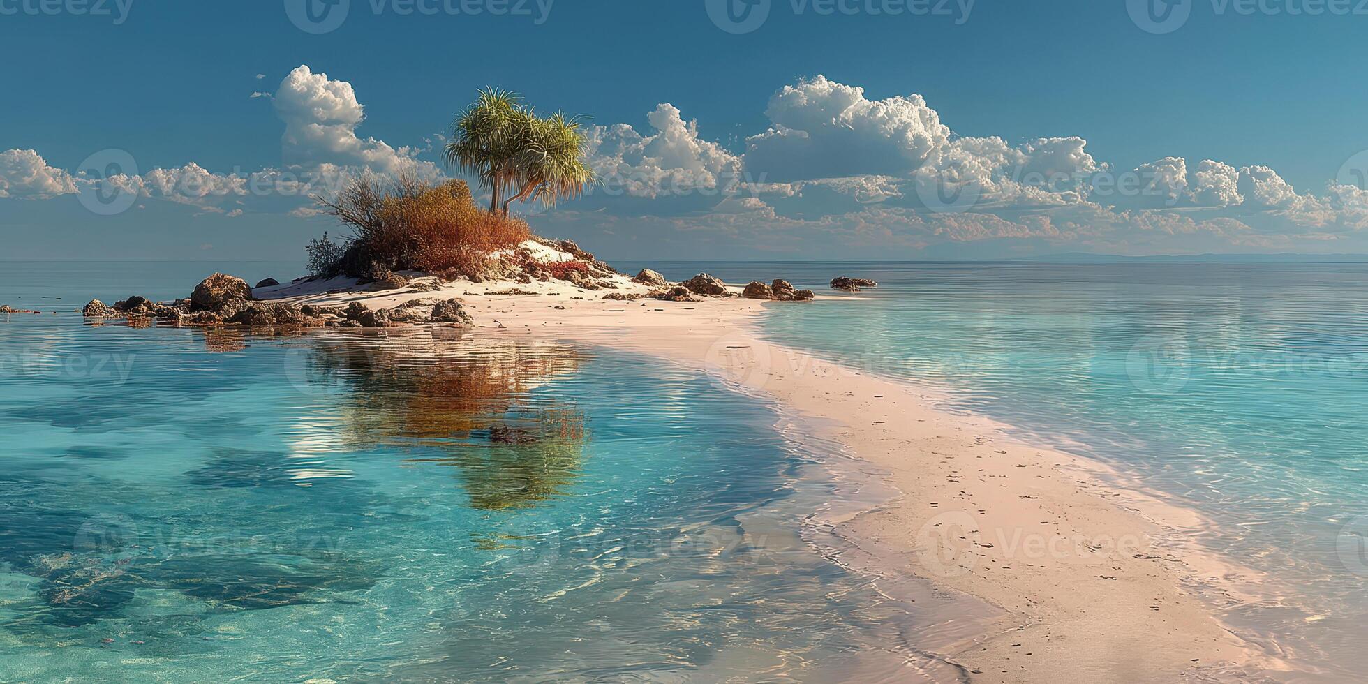 Serene tropical island with clear waters and sandy beach under a bright blue sky in a tranquil setting photo