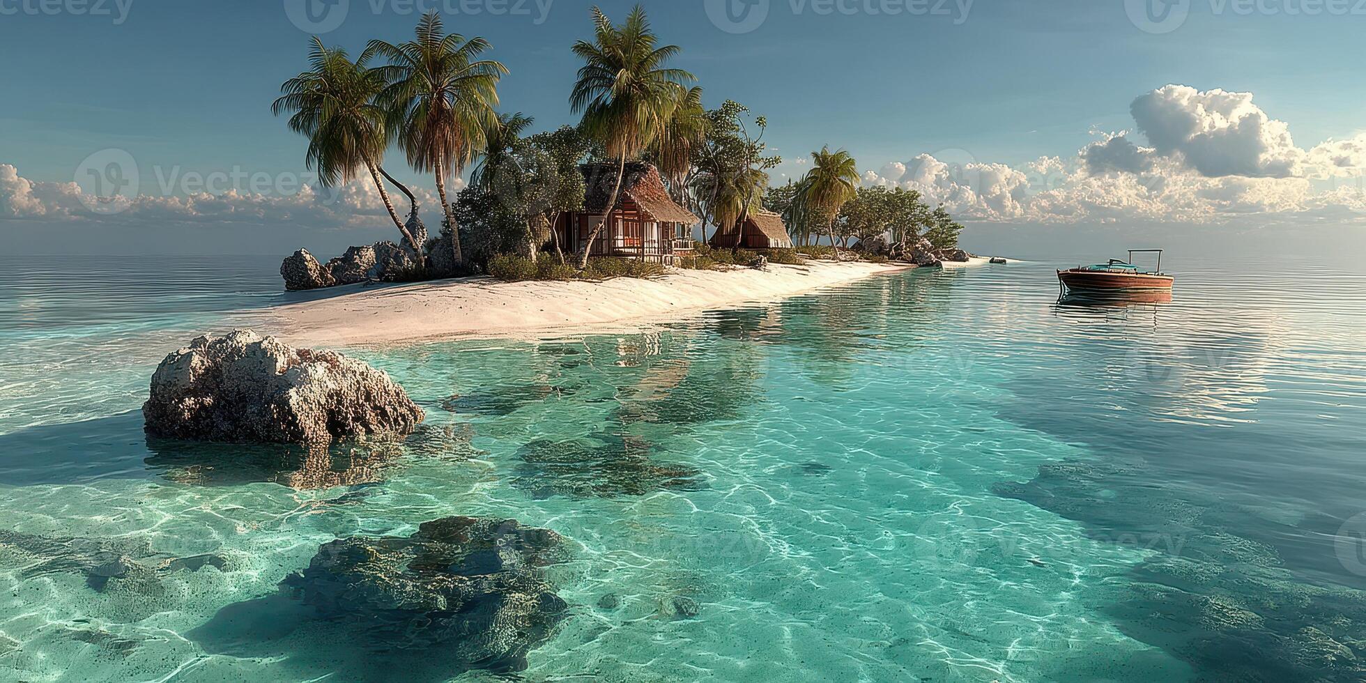 Tropical island paradise with clear turquoise waters and palm trees under a bright sky at midday photo