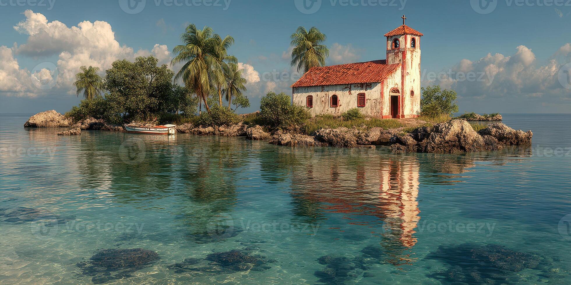 Beautiful seaside church on a small island with tropical trees and calm waters during a sunny day photo