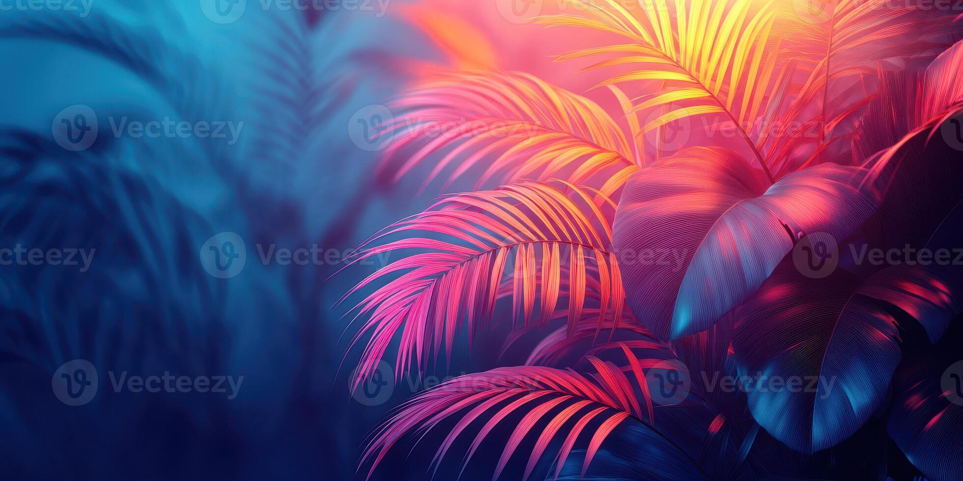 Vibrant tropical leaves illuminated by colorful lighting in a lush environment photo