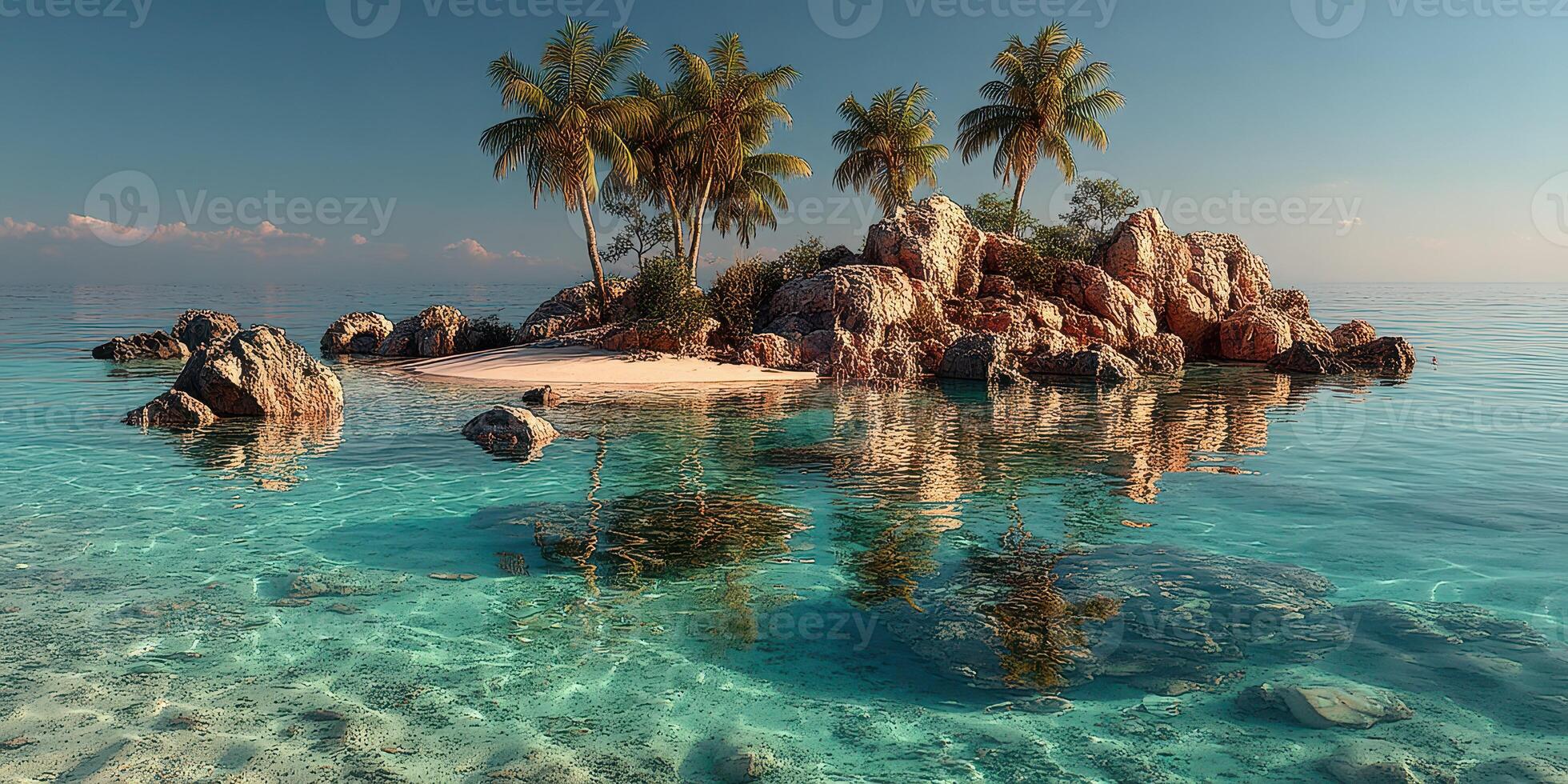 Serene tropical island with palm trees and clear turquoise water on a sunny day photo