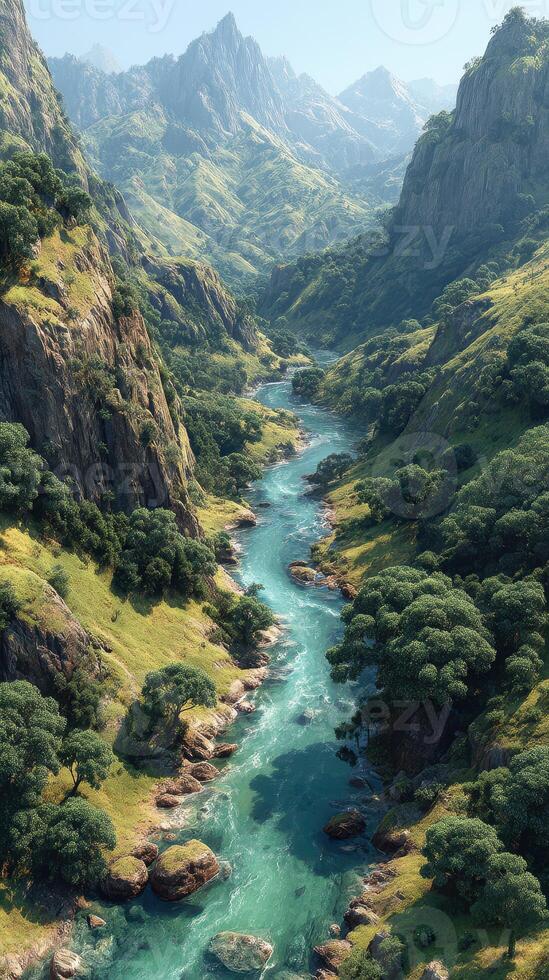Breathtaking view of a winding river surrounded by lush green mountains in a serene landscape during daylight photo