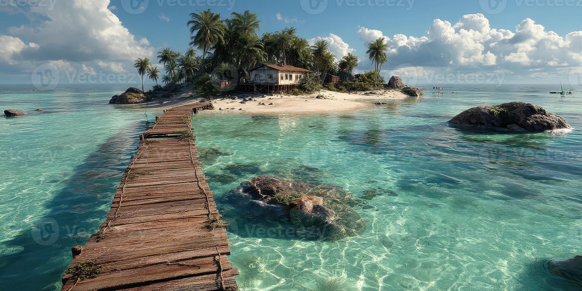 Island retreat with a rustic wooden dock leading to calm turquoise waters and tropical landscape in the distance during a sunny day photo