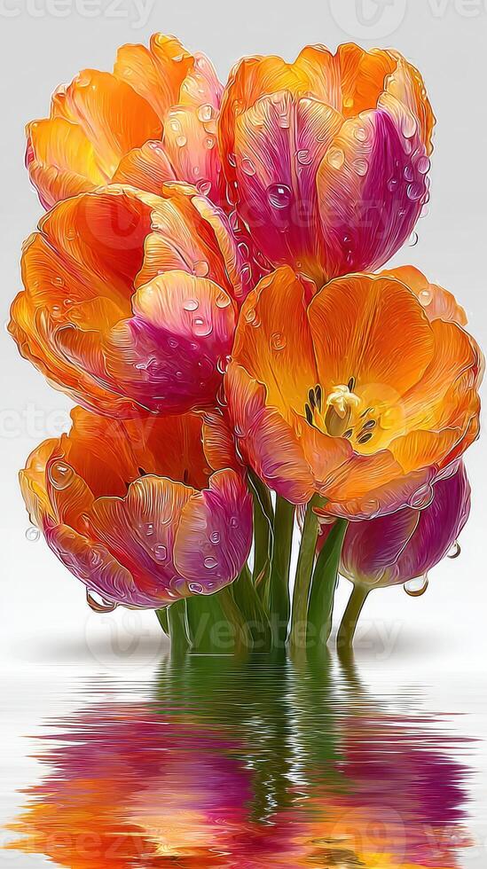 Brightly colored tulips reflecting in water create a vibrant display of nature's beauty in springtime photo