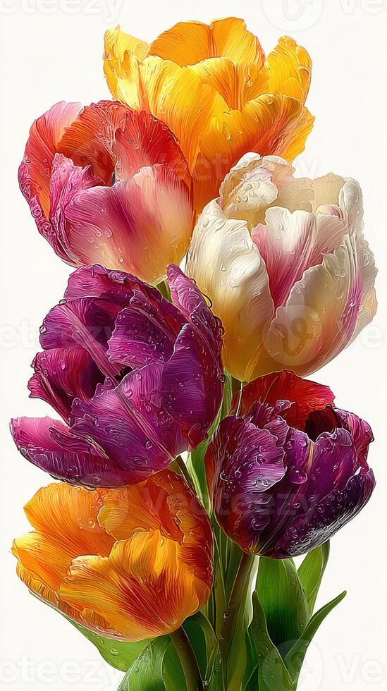 Colorful bouquet of tulips with raindrops captured in a bright indoor setting during springtime photo