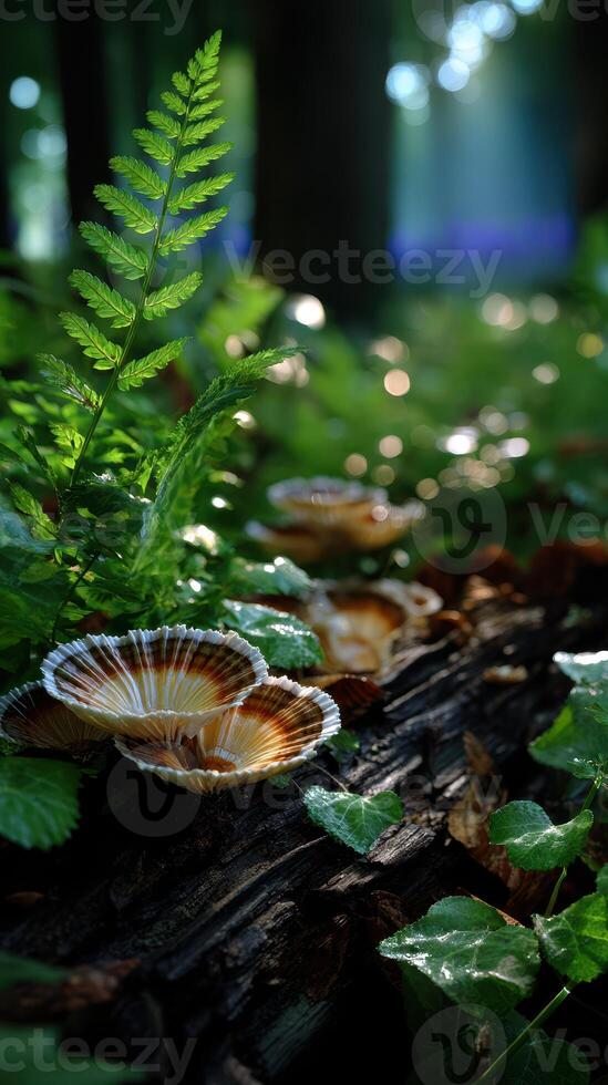 Vibrant mushrooms and ferns in a lush forest during early morning light photo