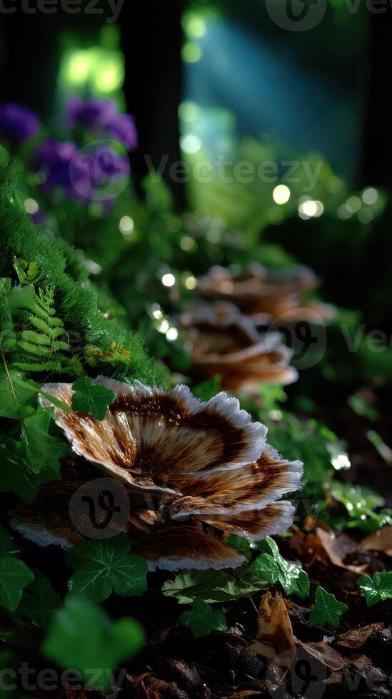 Beautiful mushrooms grow along the forest floor surrounded by lush greenery and soft purple flowers in sunlight photo