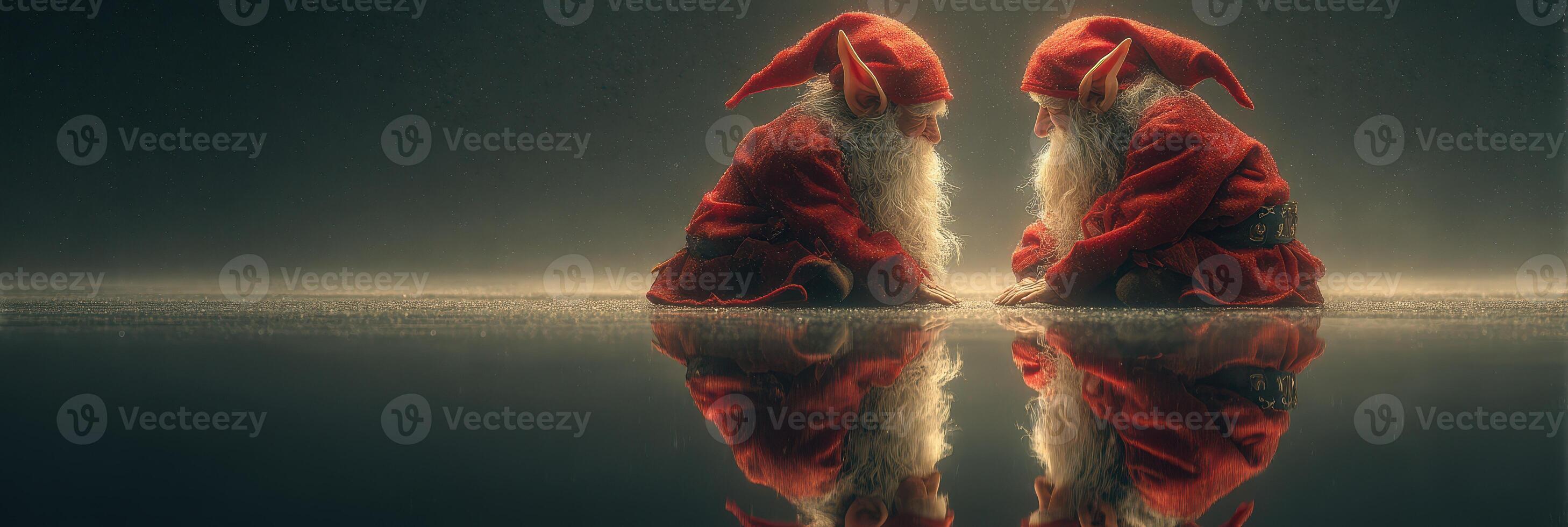 Two whimsical elves in red attire sit facing each other across a reflective surface during a festive celebration photo