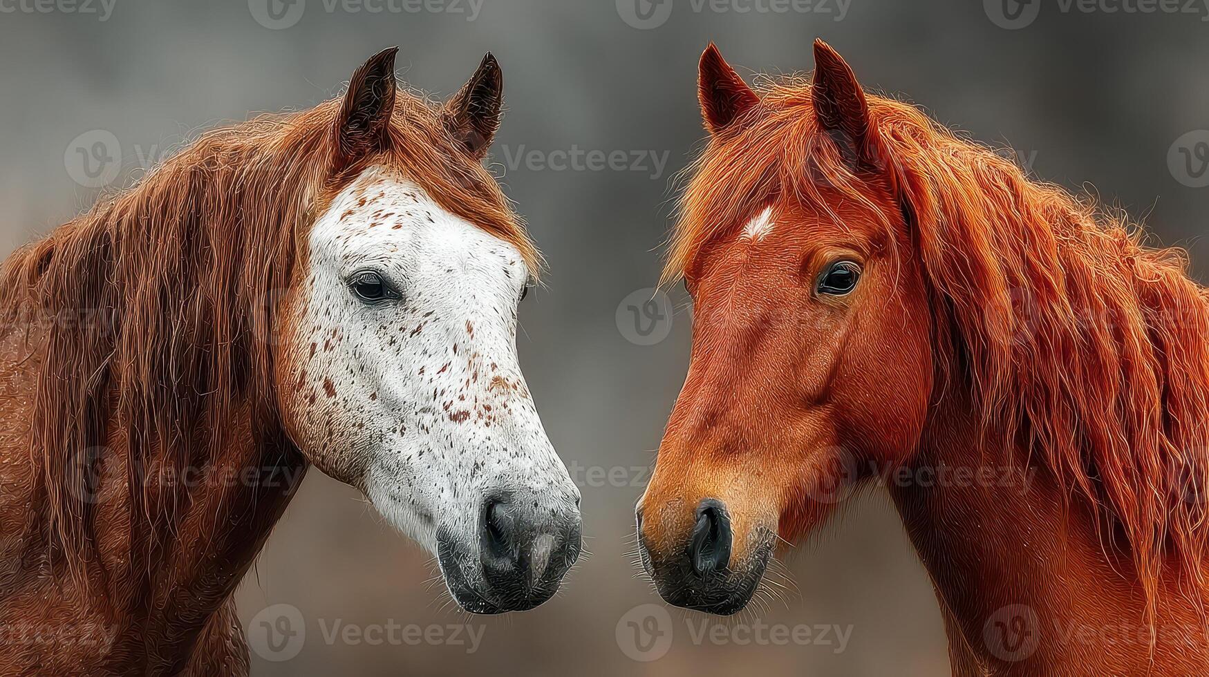 Two horses with unique coats standing close together in a serene natural setting during the early morning light photo