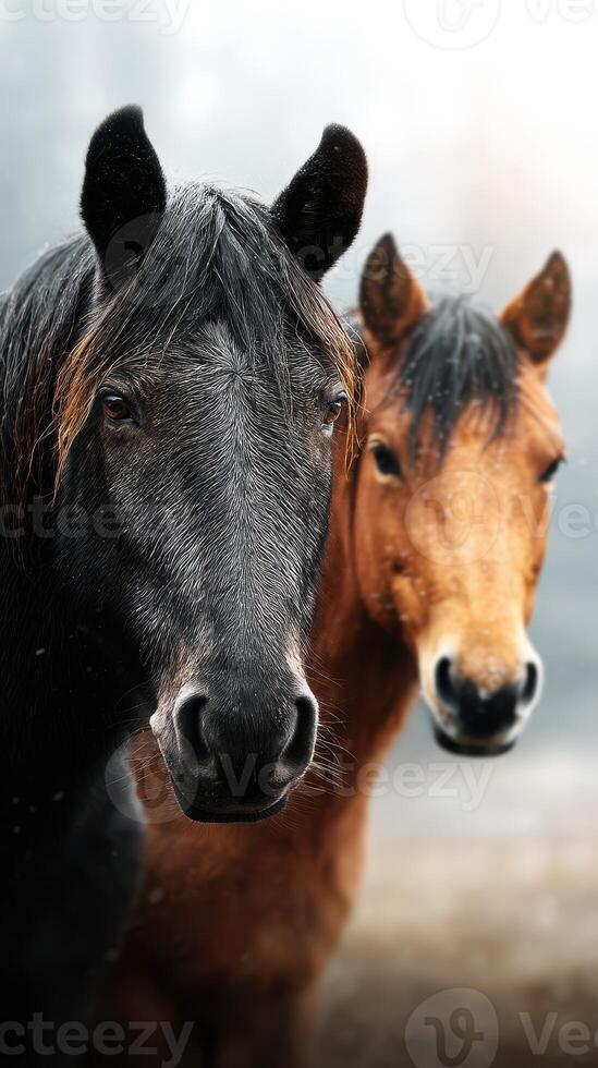 Two majestic horses standing together in a misty meadow during early morning hours photo